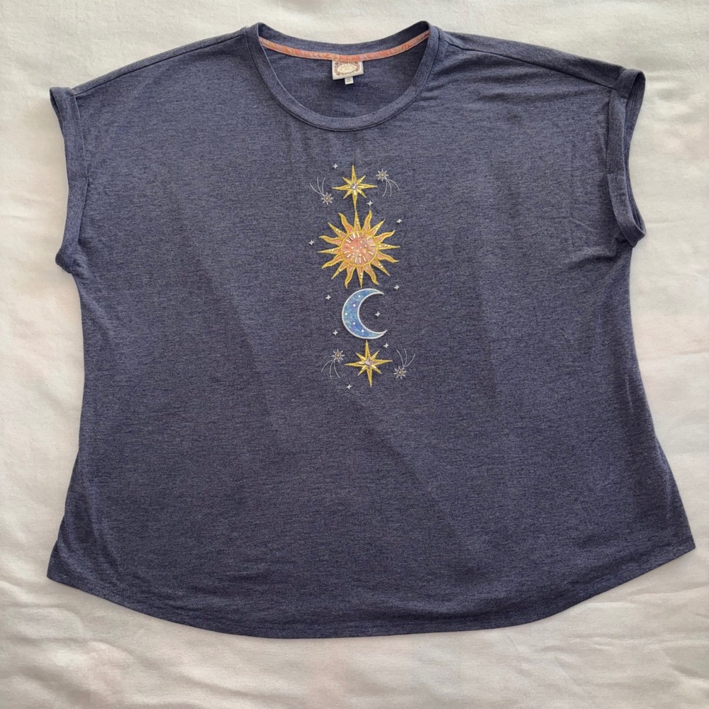 True Self Celestial Sun Moon Stars Embroidered Beaded Top Navy Blue Womens 3X